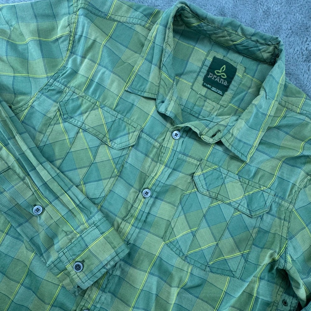 Prana Mens Plaid Long Sleeve Button Up Shirt Green Yellow X-Large